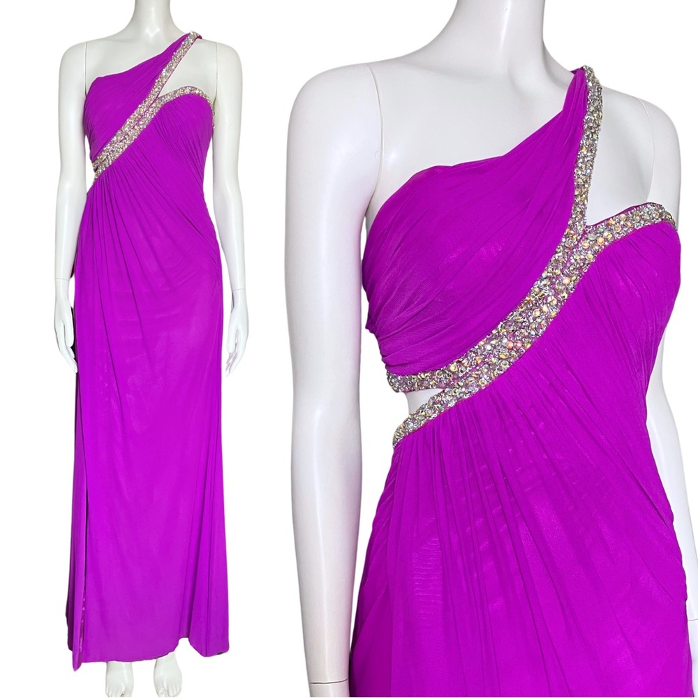 Y2K Fuschia One Shoulder Cut Out Rhinestones Prom Dress Small Beaded Purple Glam